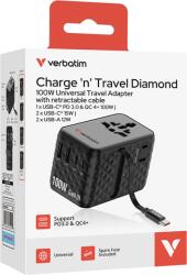 Verbatim Adaptor calatorie Verbatim GaN, 100W, cablu retractabil USB-C PD 3.0 QC4+ pana la 100W/USB-A pana la 12W, Negru (30191)