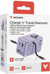 Verbatim Adaptor calatorie Verbatim GaN, 70W, 2 cabluri retractabile, USB-C PD 3.0 QC4+ pana la 70W/USB-A QC 4+pana la 60W, Violet (30188)