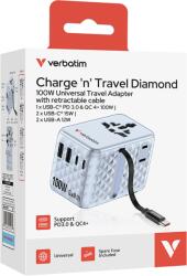 Verbatim Adaptor calatorie Verbatim GaN, 100W, cablu retractabil USB-C PD 3.0 QC4+ pana la 100W/USB-A pana la 12W, Bleu (30192)