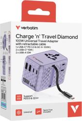 Verbatim Adaptor calatorie Verbatim GaN, 100W, cablu retractabil USB-C PD 3.0 QC4+ pana la 100W/USB-A pana la 12W, Violet (30193)