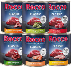 Rocco 6x800g Rocco nedves kutyatáp vegyes próbacsomagban- Classic 6 változat: marha, csirke, lazac, szárnyasszív, vad, pacal