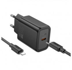 hoco. N60 hálózati töltőadapter, töltőfej 1 x USB-C + Lightning adatkábel, töltőkábel, fekete (20W, 3A)