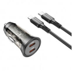BOROFONE BZ26B Discovery autós, szivargyújtós töltő, fekete (45W, 3A, 2 x USB-C, + Lightning töltőkábel)