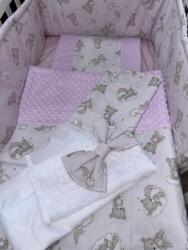 4 részes pamut/minky baba ágynemű szett - Rózsaszín szivárvány maci