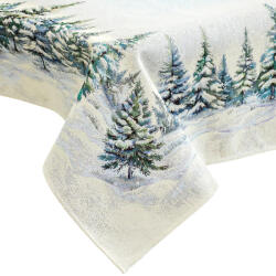 Kert és Otthonbolt Havas fenyőerdő, ezüst lurexes gépi gobelin asztalterítő, 137 x 240 cm (J1405137X240E)