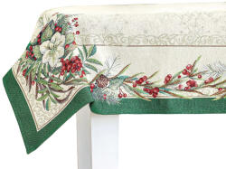Kert és Otthonbolt Magyal piros bogyós, zöld szélű, ezüst lurexes gépi gobelin asztalterítő, 137 x 180 cm (J1383VEFN180E)