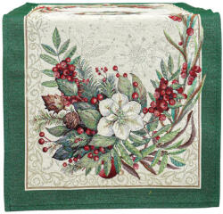 Kert és Otthonbolt Magyal piros bogyós, zöld szélű, ezüst lurexes gépi gobelin asztali futó, 44 x 180 cm (J1383VEFN44X180E)