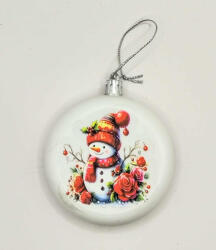 Beauty Nails Karácsonyfa dísz - Fehér lapos kör karácsonyfadísz - Hóember mintával - celofán csomagolásban - 5