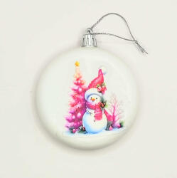 Beauty Nails Karácsonyfa dísz - Fehér lapos kör karácsonyfadísz - Hóember mintával - celofán csomagolásban - 12