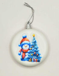 Beauty Nails Karácsonyfa dísz - Fehér lapos kör karácsonyfadísz - Hóember mintával - celofán csomagolásban - 3