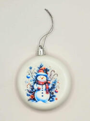 Beauty Nails Karácsonyfa dísz - Fehér lapos kör karácsonyfadísz - Hóember mintával - celofán csomagolásban - 1