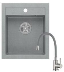 Quadron JOHNNY 100 silver stone gránit mosogatótálca + SAP4-F090GY rozsdamentes acél csaptelep szürke flexibilis kifolyócsővel (1353_1350)