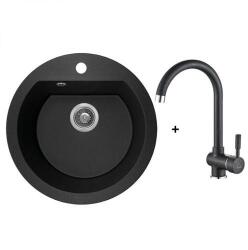 Laveo DAFNE szemcsés fekete szett álló csappal, helytakarékos szifonnal (SRDA_780T) - gepeszuniverzum