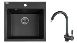Laveo ALENA szemcsés fekete szett álló csappal, helytakarékos szifonnal (SRAA_710T) - gepeszuniverzum