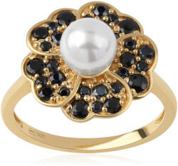  Aranyozott Ezüst Gyűrű Fekete Spinellel és Édesvízi Gyönggyel