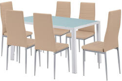 Leziter Mabel 6+1 Étkezőgarnitúra - Bézs Textilbőr Székek, Edzett Üvegasztal