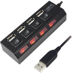 LogiLink USB 2.0 HUB 4-port, 2A Táppal, Fekete