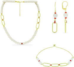 Arannyal Bevont Ezüst Szett Fehér Édesvízi Tenyésztett Gyönggyel és Madagaszkári Rubinnal ( Nyaklánc+Fülbevaló+Karkötő ), Y59309