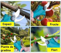 SIKS hordozható automata elektromos olló akkumulátorokkal, kertben vagy szőlőben, szénacél penge, 5000 mAh-s akkumulátor, 2 akkumulátor, tartozékok és szállítótáska, kék