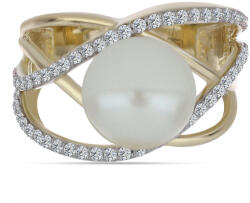  Arannyal Bevont Ezüst Gyűrű Fehér Édesvízi Kagylógyönggyel és Fehér Topázzal, Y61383/59