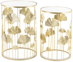 Art-Pol Gatsby design kerek fém 2db-os konzolasztal szett ginkgo biloba levelekkel üveg lappal 55x38x38-50x33x33cm (140324) - pepita