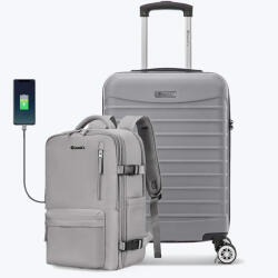 Quasar & Co Quasar & Co. ® kabin gurulós hátizsák szett, 55x35x20cm/43x30x20 cm, kézipoggyász, gurulós hátizsák légi utazáshoz, Priority Pack, ABS/PES, ezüst