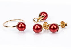  Arannyal Bevont Ezüst Szett Vörös Édesvízi Gyönggyel ( Fülbevaló+Gyűrű+Medál ), XELP22/59