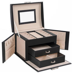 SONGMICS Háromszintes Zárható Ékszertartó Doboz Tükörrel Fekete (EUZ-JBC154B01)