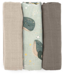 Petite&Mars PETITE&MARS Bambusz muszlin 3db-os pelenka szett Moussy Whale Song 68 x 68 cm