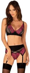 Obsessive Rosenty melltartóból, tangából és harisnyatartó övből álló háromrészes szett, fekete-rózsaszín, XL/XXL
