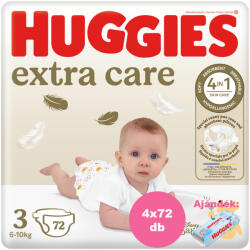 Huggies Extra Care 3-as pelenka 6-10 kg, 288 (4x72) db - 2 HAVI pelenkacsomag + AJÁNDÉK Huggies törlőkendő