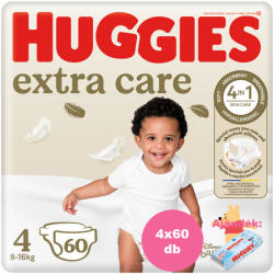 Huggies Extra Care 4-es pelenka 8-16 kg, 240 (4x60) db - 2 HAVI pelenkacsomag + AJÁNDÉK Huggies törlőkendő