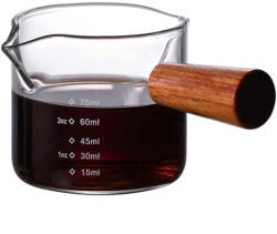  Dupla csőrű üveg mérőpohár - 75 ml, Fa fogantyúval - Eszpresszóhoz (761G12) (761G12)