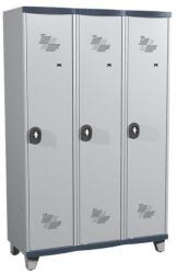 Acial hegesztett öltözőszekrény válaszfallal, 3 rekeszes, 400 mm, lábakon, forgóretesszel, szürke/szürke