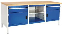 bott Cubio Tároló műhelyasztal, 84 x 200 x 75 cm, 2 szekrény, 2 fiók, nyitott tér polccal, multiplex, szürke-kék
