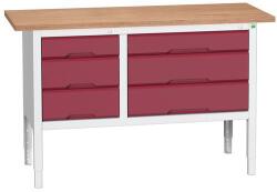 bott Verso műhelyasztal, állítható magasságú, 83-93 x 150 x 60 cm, multiplex, 3 fiókos, szürke-piros