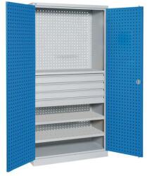 Sofame fém műhelyszekrény, 195 x 100 x 45 cm, szürke/kék, 2 polccal + fa burkolattal, 4 fiókkal