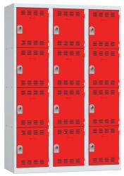 Vinco hegesztett öltözőszekrény, 3 oszlopban 12 rekesszel, 400 mm, forgóretesszel, szürke/piros