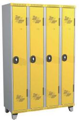 Acial hegesztett öltözőszekrény, 4 rekeszes, 300 mm, lábakon, forgóretesszel, szürke/sárga