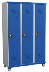 Acial hegesztett öltözőszekrény válaszfallal, 3 rekeszes, 400 mm, lábakon, forgóretesszel, szürke/kék