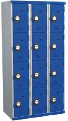 Acial hegesztett öltözőszekrény, 3 oszlopban 12 rekesszel, 300 mm, számkódos zárral, szürke/kék