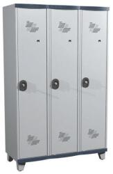 Acial hegesztett öltözőszekrény válaszfallal, 3 rekeszes, 400 mm, lábakon, hengerzárral, szürke/szürke