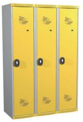 Acial hegesztett öltözőszekrény válaszfallal, 3 rekeszes, 400 mm, forgóretesszel, szürke/sárga