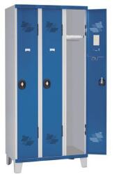 Acial hegesztett öltözőszekrény, 3 rekeszes, 300 mm, lábakon, hengerzárral, szürke/kék