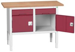 bott Verso műhelyasztal, állítható magasságú, 83-93 x 125 x 60 cm, multiplex, 2 fiók, 2 szekrény, szürke-piros