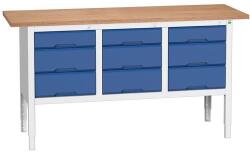 bott Verso műhelyasztal, állítható magasságú, 83-93 x 175 x 60 cm, multiplex, 9 fiókos, szürke-kék