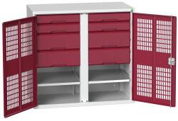 bott Verso fém karbantartó szekrény, drótajtó, 100 x 105 x 55 cm, 2 polc, 8 fiók, szürke-piros - manutan - 806 323 Ft