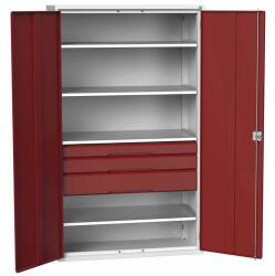 bott Fiókos műhelyszekrény Bott Verso, 200 x 130 x 55 cm, 4 polc, 3 fiók, szürke-piros