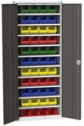 bott Verso szekrény dobozokkal, 200 x 80 x 35 cm, 10 polc, 44 doboz, szürke-antracit