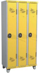 Acial hegesztett öltözőszekrény, 3 rekeszes, 300 mm, lábakon, hengerzárral, szürke/sárga